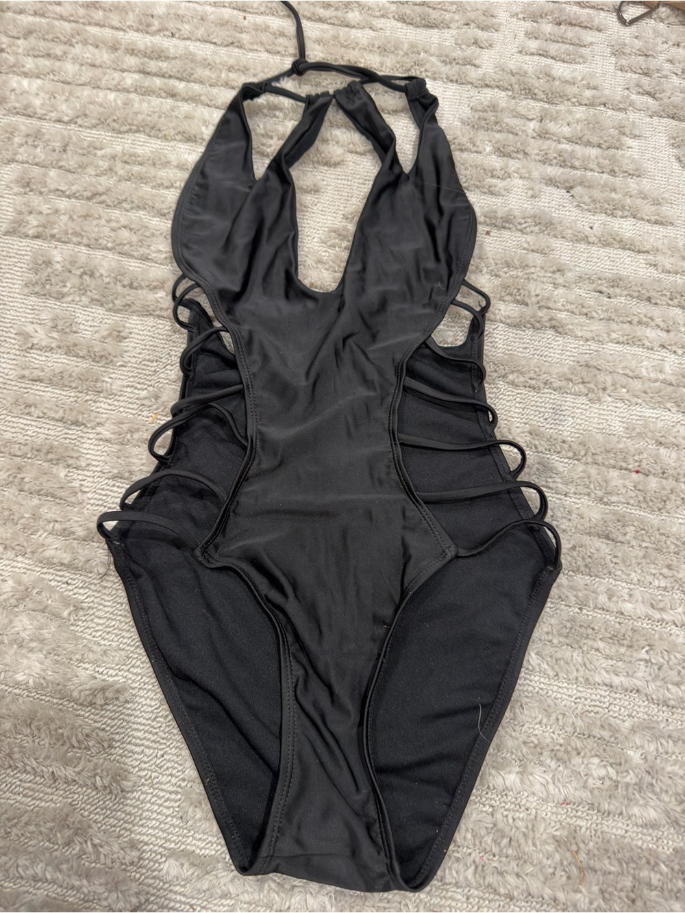 NWOT Black Strappy One-Piece Halter Swimsuit